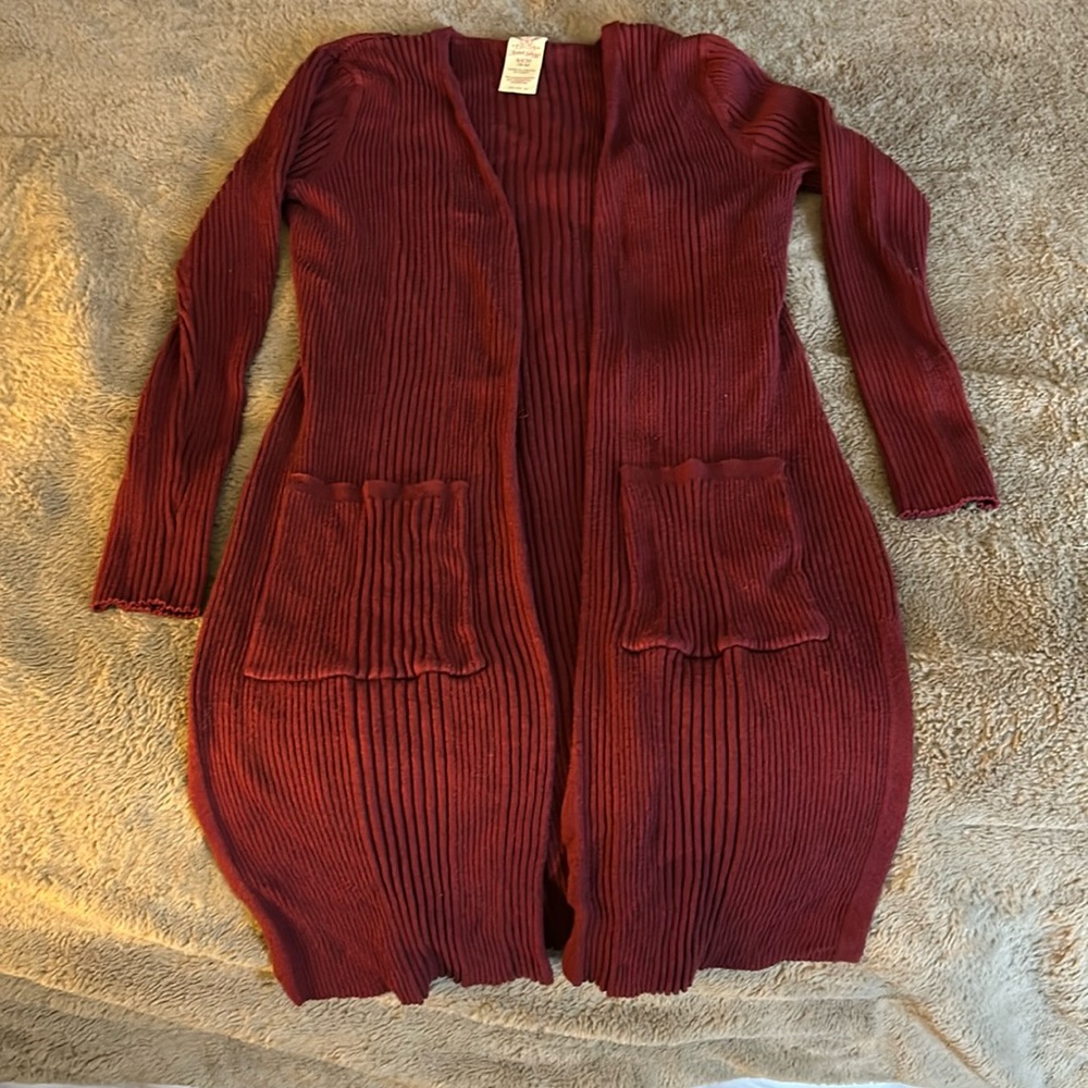 Faded Glory maroon long sleeve, long length cardigan with pockets